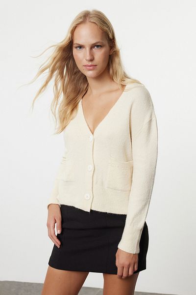 Trendyol Collection Ecru Crop Knitwear Cardigan - Wool, Basic Model Twoaw25Hi00014