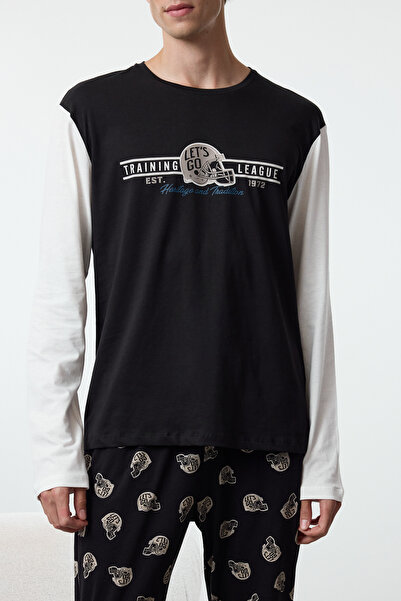 Trendyol Collection Pánské černé pyžamo Regular Fit – 100% bavlna Tmnaw25Pt00000