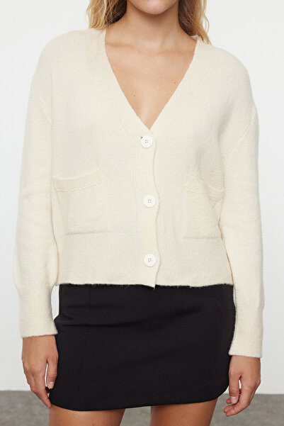 Trendyol Collection Ecru Crop Knitwear Cardigan - Wool, Basic Model Twoaw25Hi00014