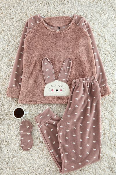 Trendyol Collection Set de pijamale tricotate de iarnă din lână, 3 piese, cu bandă de dormit inimă THMAW21PT0666
