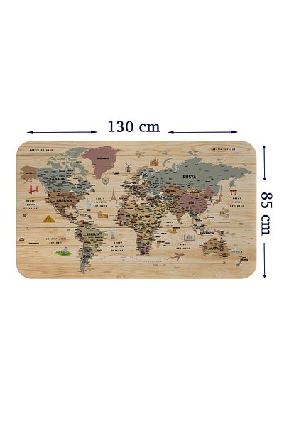 Dropcek eticaret Wooden Look Turkish Educational Detailed Atlas World Map Wall Sticker-85x130-3844