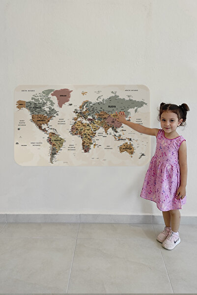 Dropcek eticaret World Map Wall Sticker - Turkish Educational, Country and Capital Ocean Detailed, 85X130-3838
