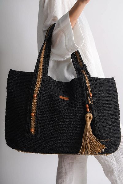 Mubiano Καλοκαιρινή μακριά τσάντα Raffia Black Daily & Beach -MSLY1500-S