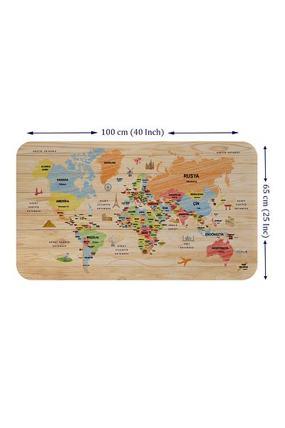 Dropcek eticaret Wooden Look Turkish Educational Detailed Atlas World Map Wall Sticker -60x105-3868