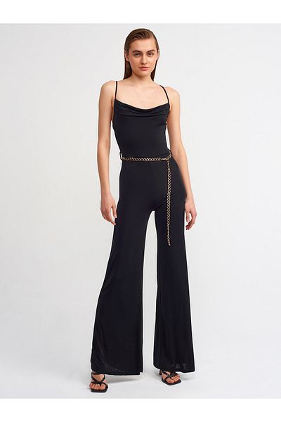 Dilvin 70331 Ruffle Collar Belted Jumpsuit-black