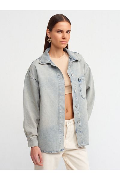 Dilvin 50717 Cămașă oversize din denim cu un singur buzunar - Nuanță