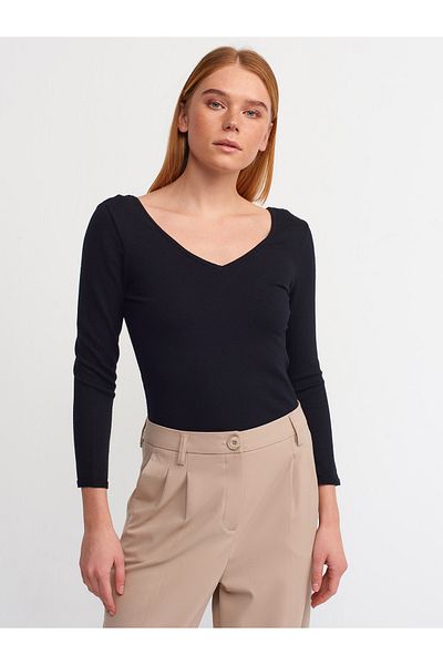 Dilvin 10513 Front and Back V-Neck Sweater-black