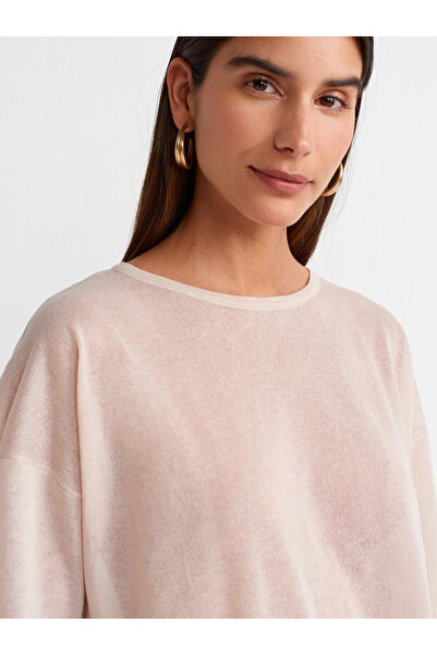 Dilvin 10550 Bisiklet Yaka Kısa Kol Transparan Bluz-bej