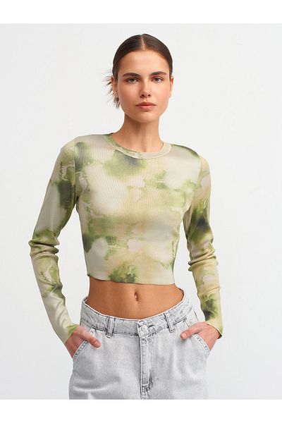 Dilvin 10534 Crew Neck Printed Knitwear Top-Khaki