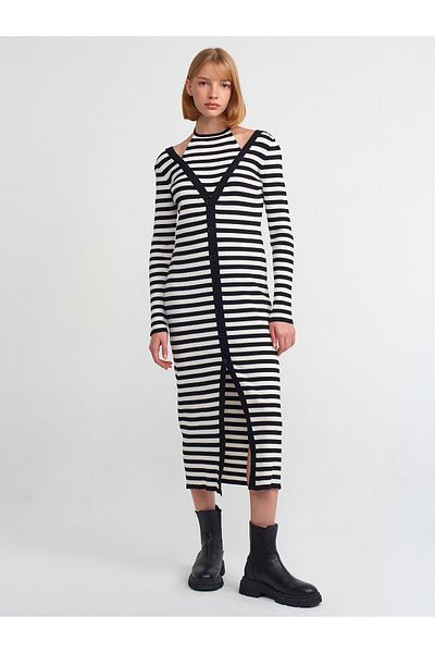 Dilvin 90137 Rochie din tricotaj cardigan cu dungi căptușite-negru-ecru