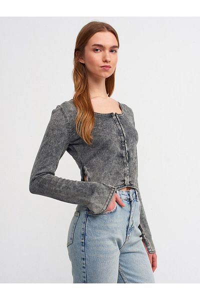 Dilvin 60214 Pale Effect Agraphed Crop Knitwear Cardigan-Anthracite