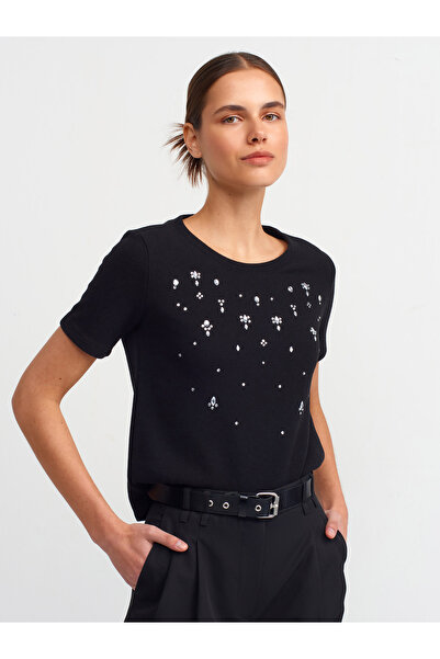 Dilvin 30897 Parlak Taşlı T-shirt-Siyah