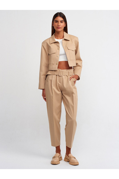 Dilvin 71227 Belted Paperbag Trousers-Beige