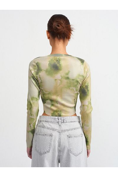 Dilvin 10534 Crew Neck Printed Knitwear Top-Khaki
