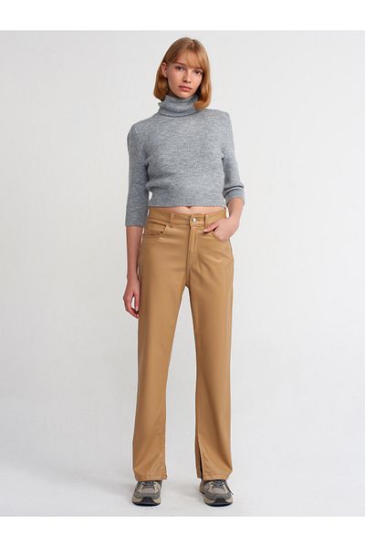 Dilvin 70412 Side Slit Leather Trousers-dark Beige