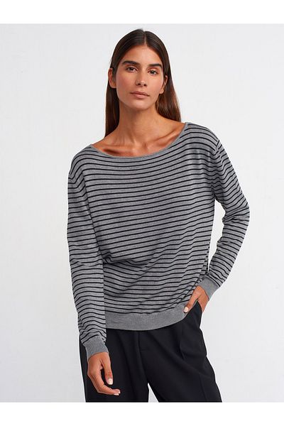 Dilvin 10356 Model Smoke-Black Striped Boat Neck Slit Sweater