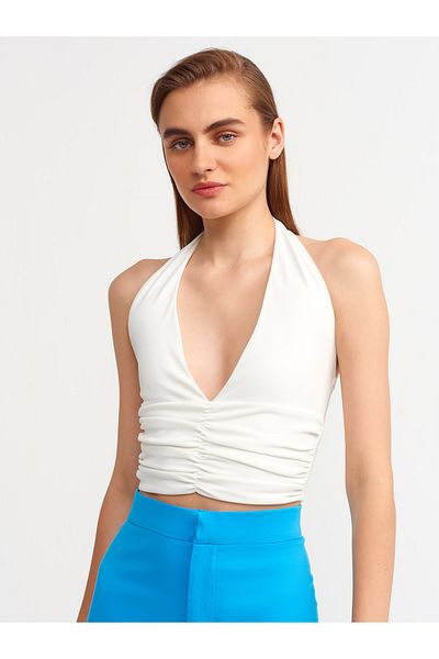 Dilvin Women's Ecru Crop Blouse - Drawstring Detail, Model 20154