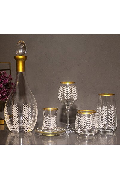 sudeka 31 Parça 6 Kişilik Başak Kristal Kesme Gold Cam Su Bardak Takımı,Meşru...