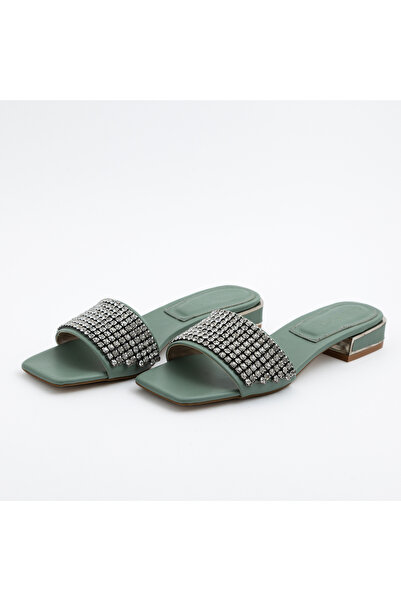 RUXENE Lina Açık Uçlu Kare Burun 2cm Topuklu Taş Detaylı Terlik (SİYAH - BEYAZ - YEŞİL)