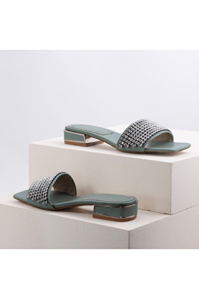 RUXENE Lina Açık Uçlu Kare Burun 2cm Topuklu Taş Detaylı Terlik (SİYAH - BEYAZ - YEŞİL)