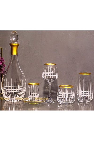 sudeka 6-piece 31-piece Plaid Crystal Cut - Gold Glass Water Cup and Soft Drink Cup Set