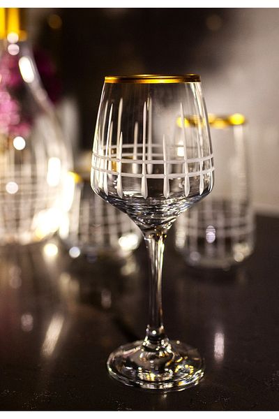 sudeka 12-person Plaid Crystal Cut - Gold Glass Water Cup and Soft Drink Cup Set