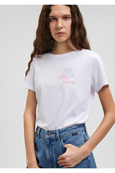 Mavi Beach Baskılı Beyaz Tişört Slim Fit / Dar Kesim 1612410-620
