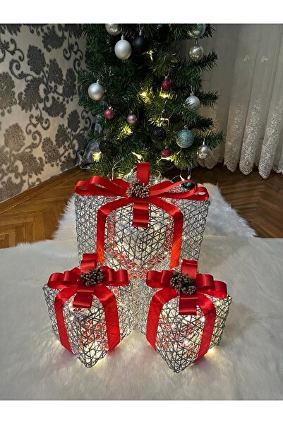 Genel Markalar 3'lü Led Işıklı Yılbaşı Hediye Kutusu Seti – Yılbaşı Ağacı Altı Dekor, El Yapımı Kırmızı Kurdeleli