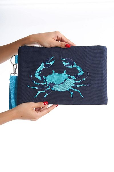 Mubiano Pochetă de vară pentru femei, albastru bleumarin, din țesătură de in, cu crab și geantă portofoliu - MSLY0110-LCV