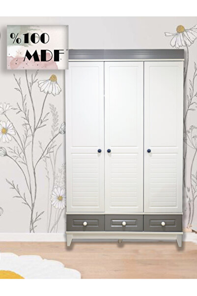 Koza %100 MDF Stella Gri Beyaz 3 Kapılı Bebek & Çocuk Gardırop