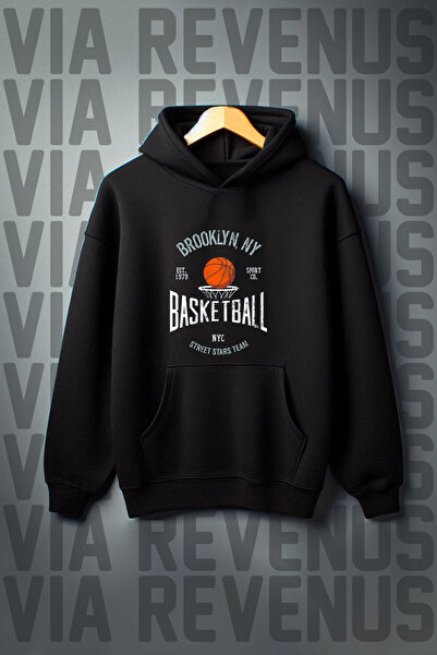 Vordevia Imprimat baschet - Hanorac negru cu glugă, cu buzunar cangur, 3 fire