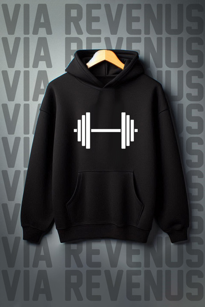 Vordevia Imprimeu Gym Barbell - Buzunar cangur, 3 fire, hanorac supradimensio...