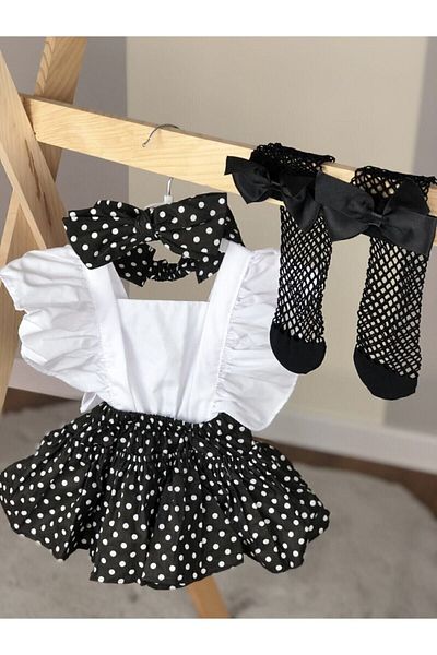 ELA MAMA Girl's Black Polka Dot Pattern Salopet Bandana Fishnet Socks Set