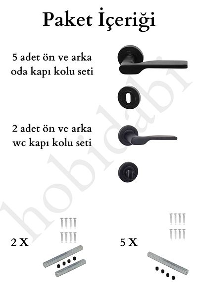 HOBİDABİ 5 Room 2 Wc Black Flat Set - Eda Round Rosette Door Handle