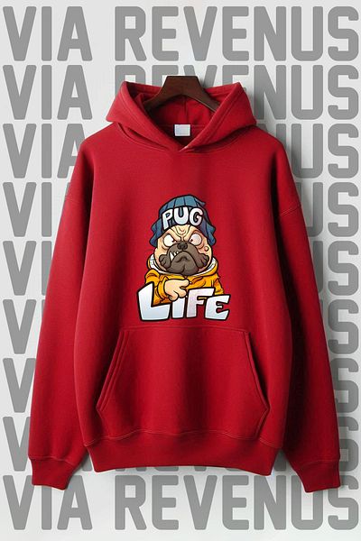 Vordevia Суитшърт с качулка, широк мотив и 3 нишки, с щампа Pug Life - кенгуру джоб
