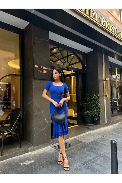 WoolnClyde Saks Blue Women's Midi Evening Dress - Square Collar, Short Sleeve, Button Detail, Double Flywheel