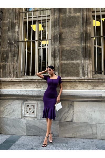 WoolnClyde Purple Square Collar - Button Detailed Double Flywheel Midi Women's Evening Dress