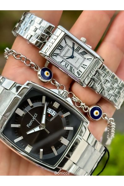Ferrucci Silver Colored Steel Cord Square Case - Double Wrist Watch and Rosary Wrist Gift