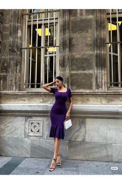 WoolnClyde Purple Square Collar - Button Detailed Double Flywheel Midi Women's Evening Dress