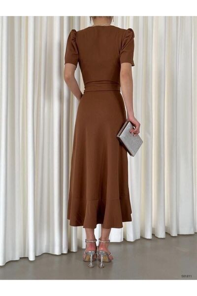 WoolnClyde Γυναικείο μίντι βραδινό φόρεμα με κοντό μανίκι με λαιμόκοψη με διπλό στήθος