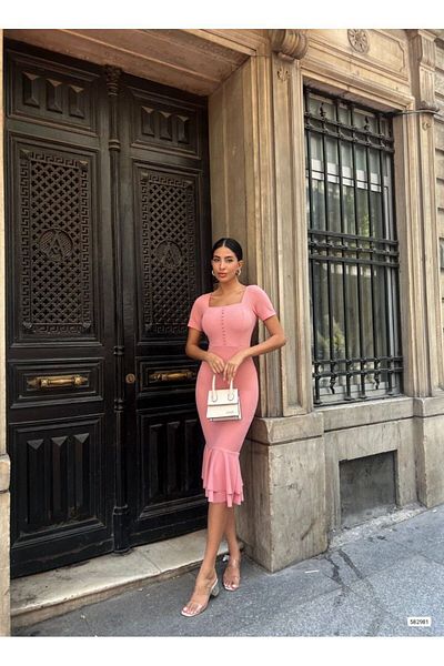 WoolnClyde Pink Midi Evening Dress - Square Collar, Short Sleeve, Button Detail and Double Flywheel
