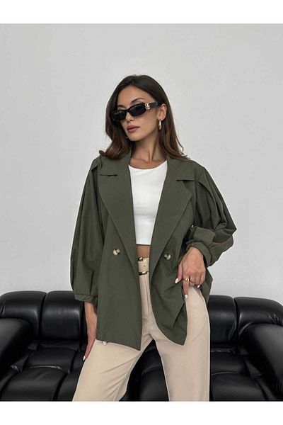 MODAF Balloon Sleeve Buttoned Short Trench Coat Bondit Fabric Khaki