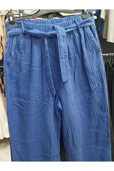 AKŞEN GİYİM Plus Size Muslin Cotton - Wide Leg Authentic Trousers with Double Pockets and Belted