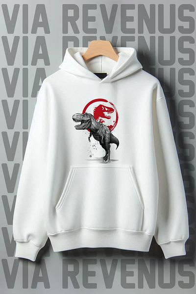 Vordevia Trex Printed - 3 Thread White Hooded Wide Fit Sweatshirt