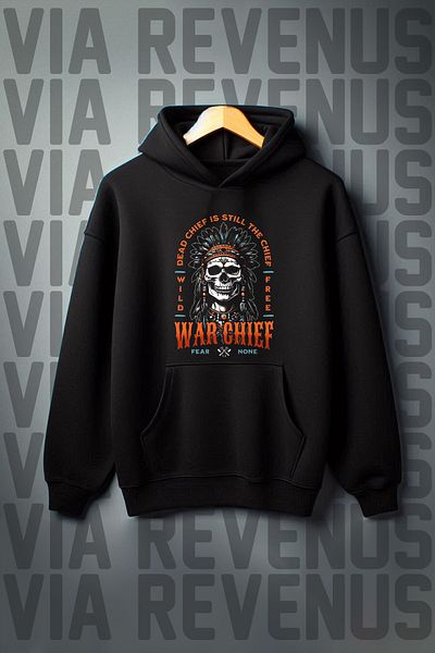 Vordevia War Chief Printed - Black Kangaroo Pocket Hooded Sweatshirt 3 Thread Raster Wide Fit