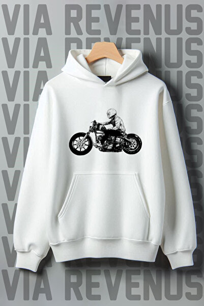 Vordevia Hanorac alb cu glugă cu imprimeu pentru motociclist, cu croială largă - Raster cu 3 fire