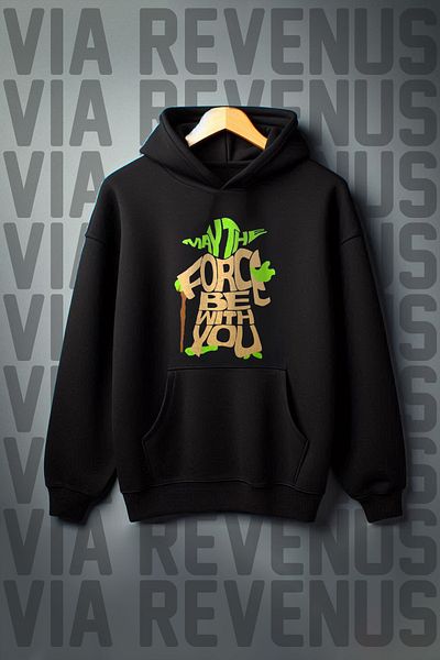 Vordevia Yoda Printed Black Hooded Sweatshirt - Kangaroo Pocket, 3 Thread