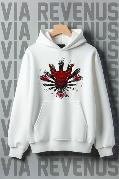 Vordevia White Hooded Yakuza Printed Wide Fit Sweatshirt - 3 Thread Raster Kangaroo Pocket