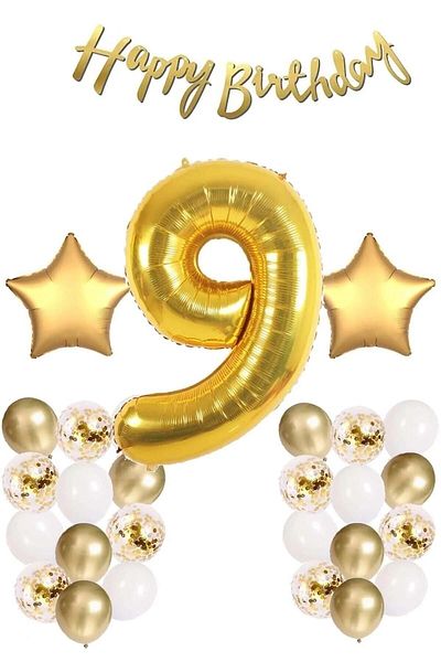 DÜVENCİ TİCARET Gold Concept Age Birthday Set; White Gold Confetti Balloon, Number Star Foil
