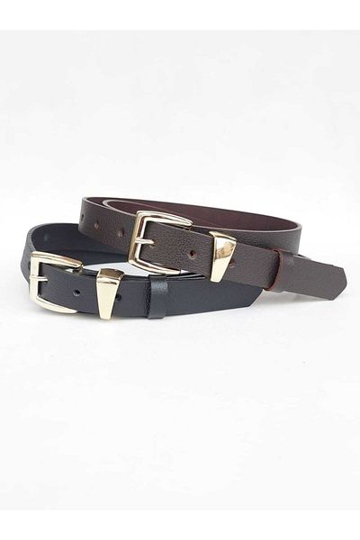 Kemerix 100% Genuine Leather Black and Bitter Brown 2-Piece Women's Belt